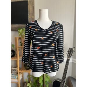 Vintage Y2K Black and White Striped Jack-O-Lantern Blouse 3/4 Sleeves size Med